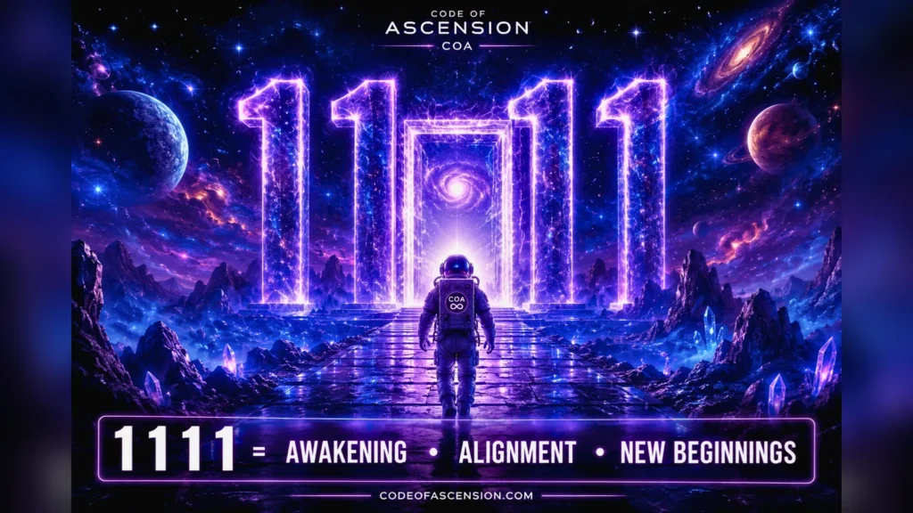 Astronaut walks toward a glowing neon doorway formed by the number 1111 in a vivid cosmic landscape with planets and crystals; caption reads '1111 = Awakening, Alignment, New Beginnings'.