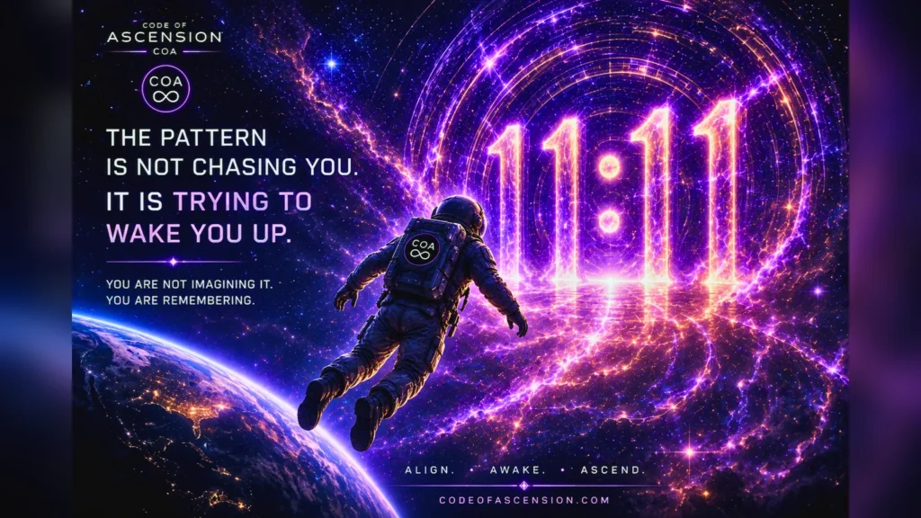 Code of Ascension visual guide to 1111 portal with astronaut floating from Earth and message about spiritual awakening.