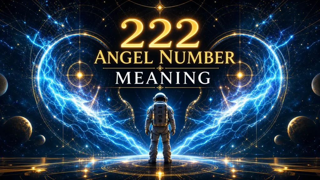 222 angel number meaning with astronaut under mirrored celestial wings and glowing 222 symbol