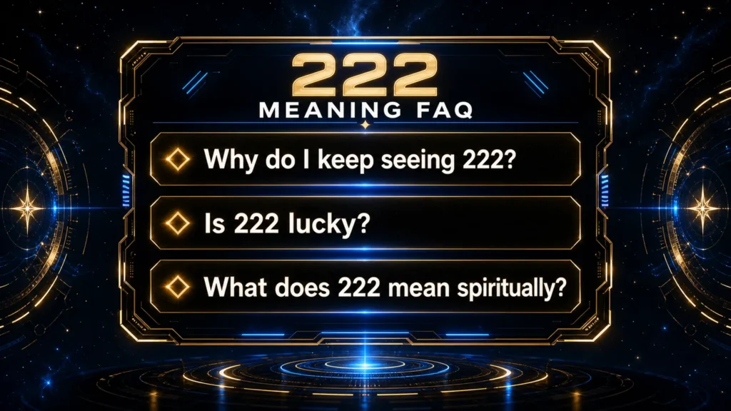 222 meaning FAQ graphic with questions about seeing 222 luck and spiritual meaning