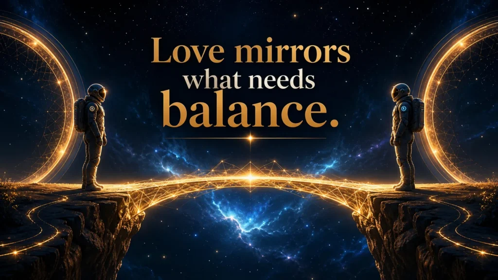 222 meaning in love and relationships with two figures connected by a cosmic bridge