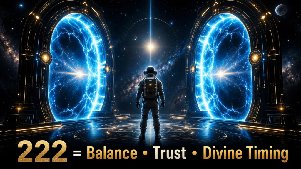 222 meaning spiritual balance doorway with astronaut between two glowing cosmic portals