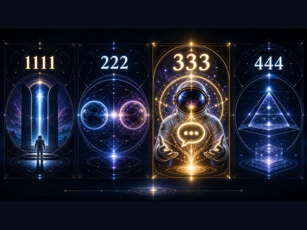 333 meaning comparison showing expression and support beside 1111 awakening 222 trust and 444 grounding