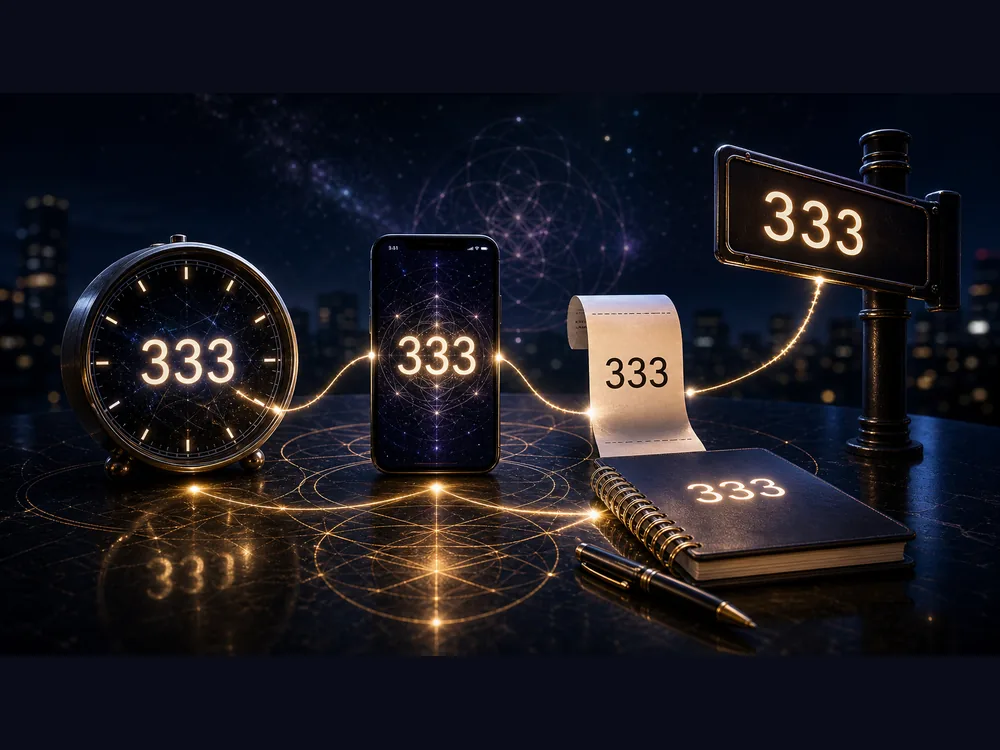 Nighttime desk scene showing the number 333 on a clock, smartphone, receipt, notebook, and a street sign, all connected by glowing lines.
