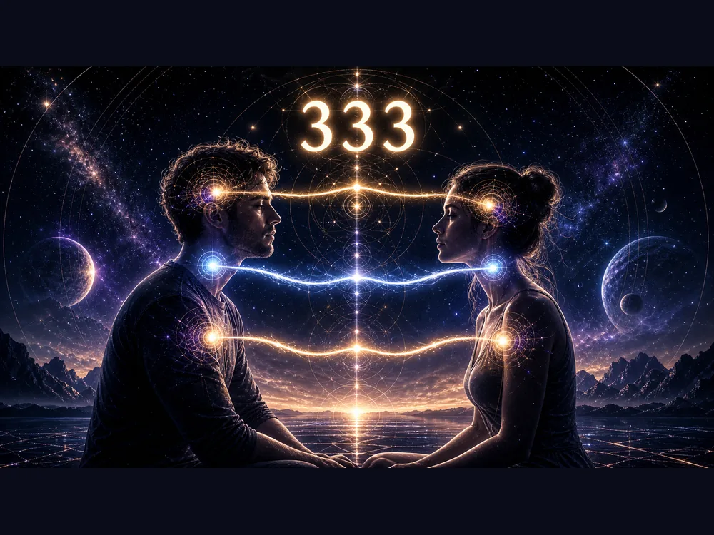333 meaning in love and relationships showing two people connected by luminous communication lines