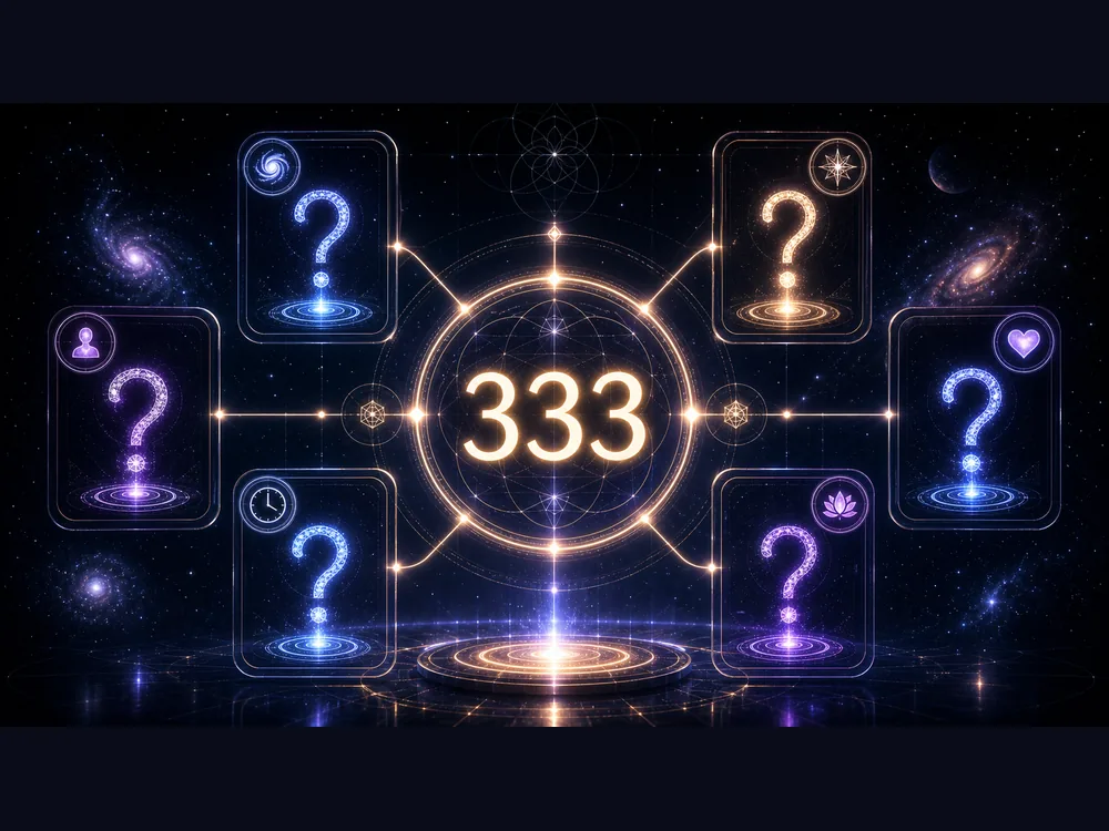 Central glowing 333 hub connected to neon panels with question marks in a space-themed infographic.