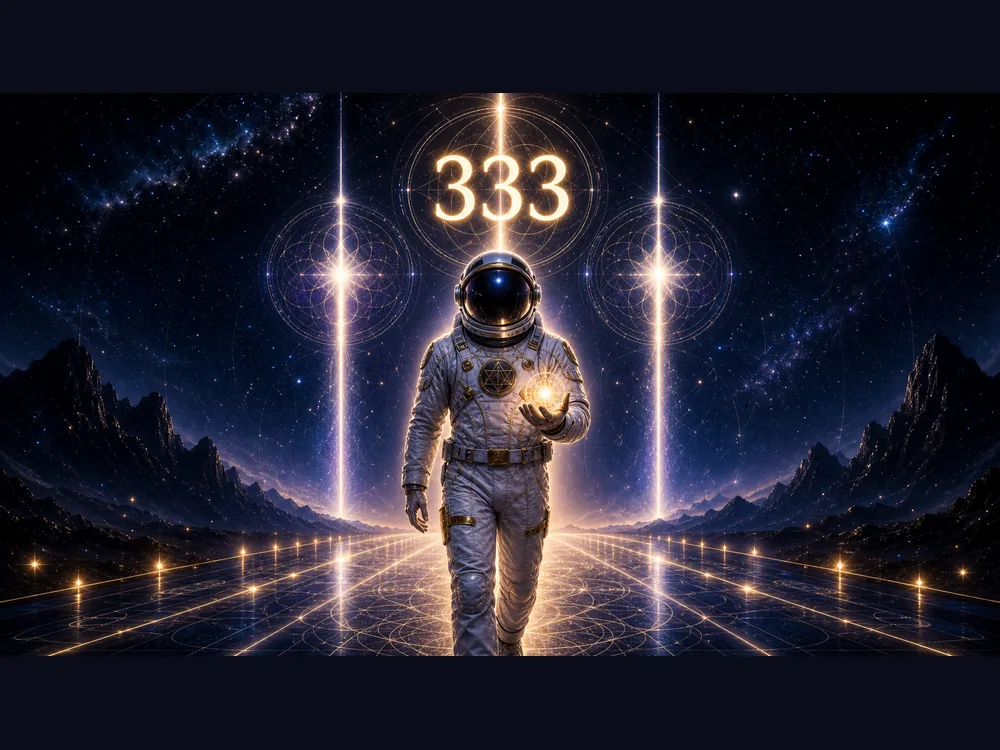 333 meaning closing image with COA astronaut host stepping forward with a glowing creative spark