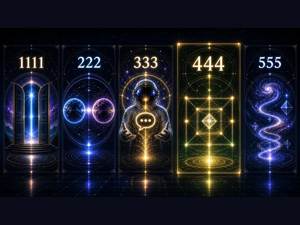 Five vertical panels labeled 1111, 222, 333, 444, 555 with cosmic scenes: door to light, twin planets, astronaut, glowing geometry, and spiral galaxy.