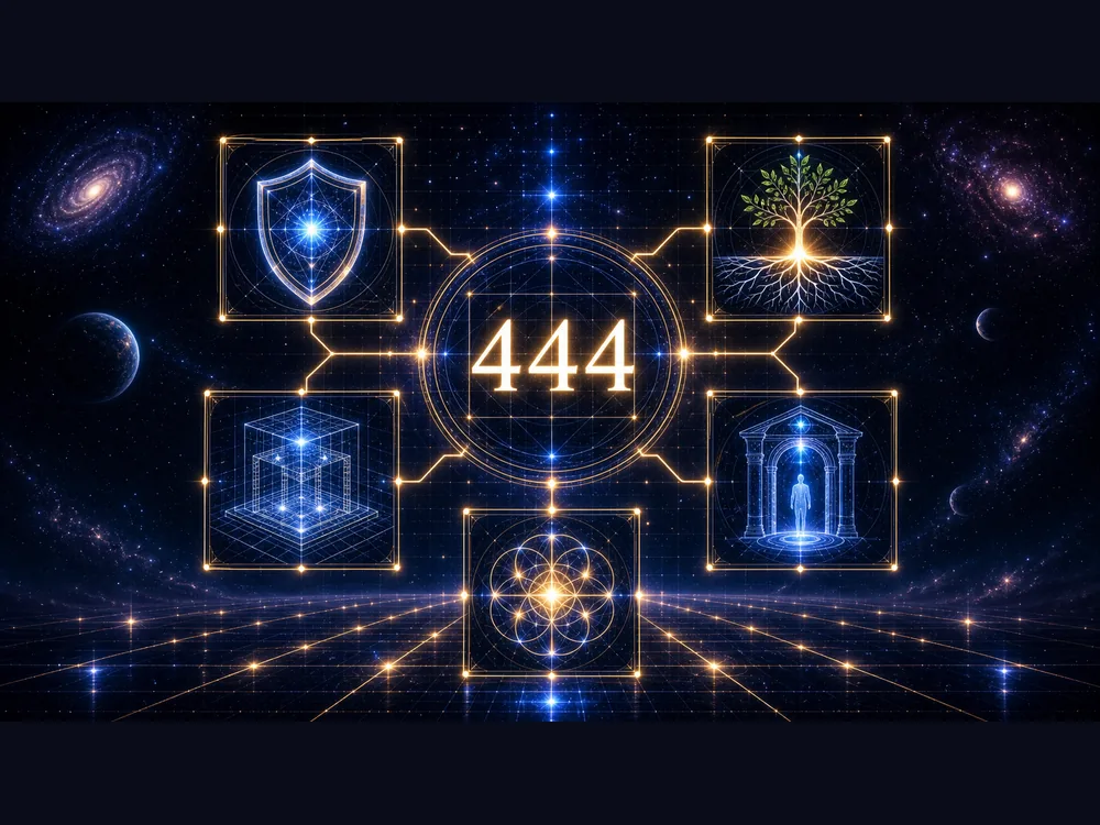 444 meaning infographic showing protection grounding structure divine order and spiritual safety