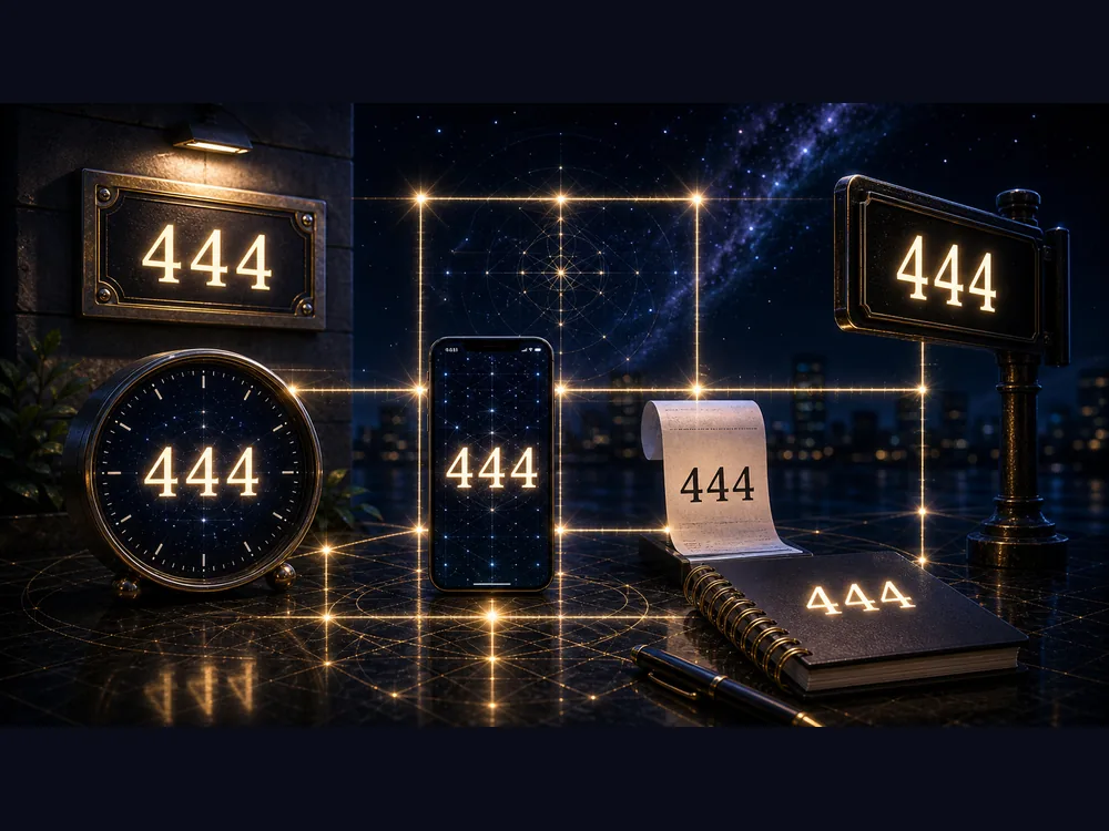 444 appearing on a clock phone screen receipt street sign and notebook as grounding synchronicity signs