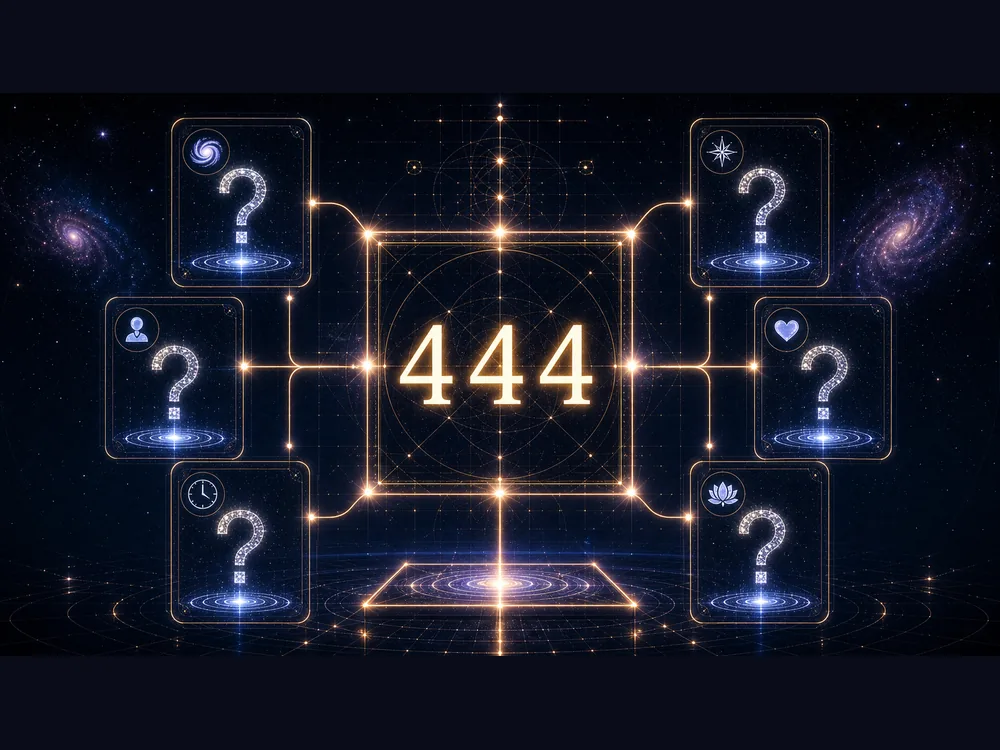 444 meaning FAQ image with common questions about spiritual meaning love manifestation money career and angel numbers