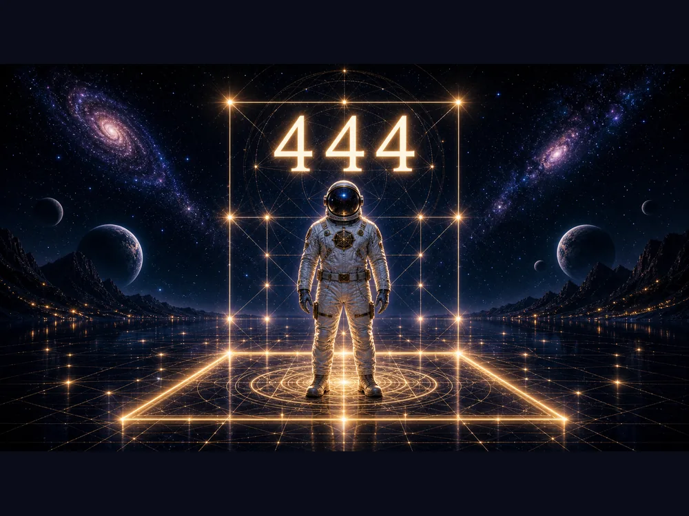 444 meaning closing image with COA astronaut host grounded in a luminous foundation grid under a glowing 444 symbol