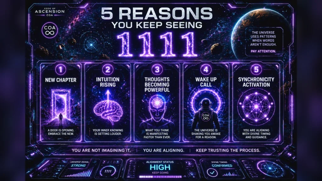 Code of Ascension visual guide to 5 reasons you keep seeing 1111 infographic with new chapter intuition and synchronicity activation.