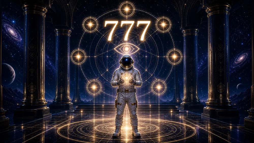 777 meaning hero image with COA astronaut host under a luminous third eye starfield and glowing 777 symbol