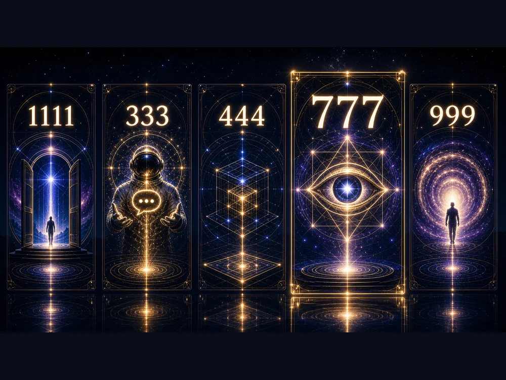 Five glowing cards show numbers 1111, 333, 444, 777, 999 with scenes: doorway to light, astronaut, geometric lattice, eye symbol, and spiral portal.