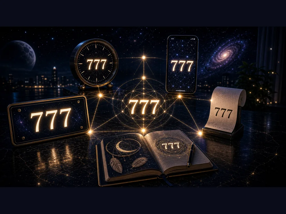 777 appearing on a clock phone screen receipt street sign and notebook as intuitive synchronicity signs