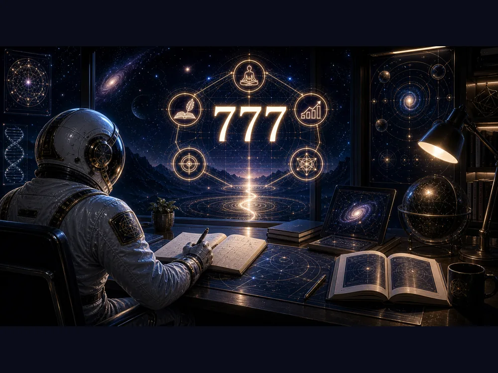 Astronaut in a space suit at a high-tech desk studying star charts, with a glowing 777 and orbital icons against a cosmic backdrop.