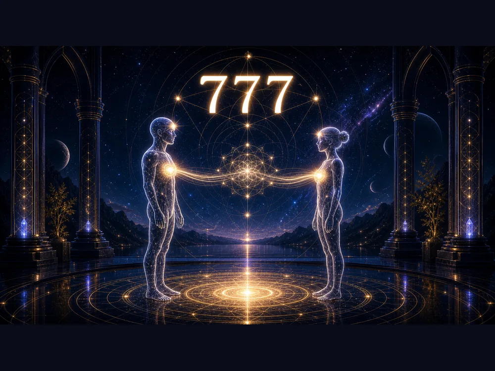 Two holographic humans face each other, linked by glowing energy lines inside a circular mandala in a cosmic temple, with 777 above.