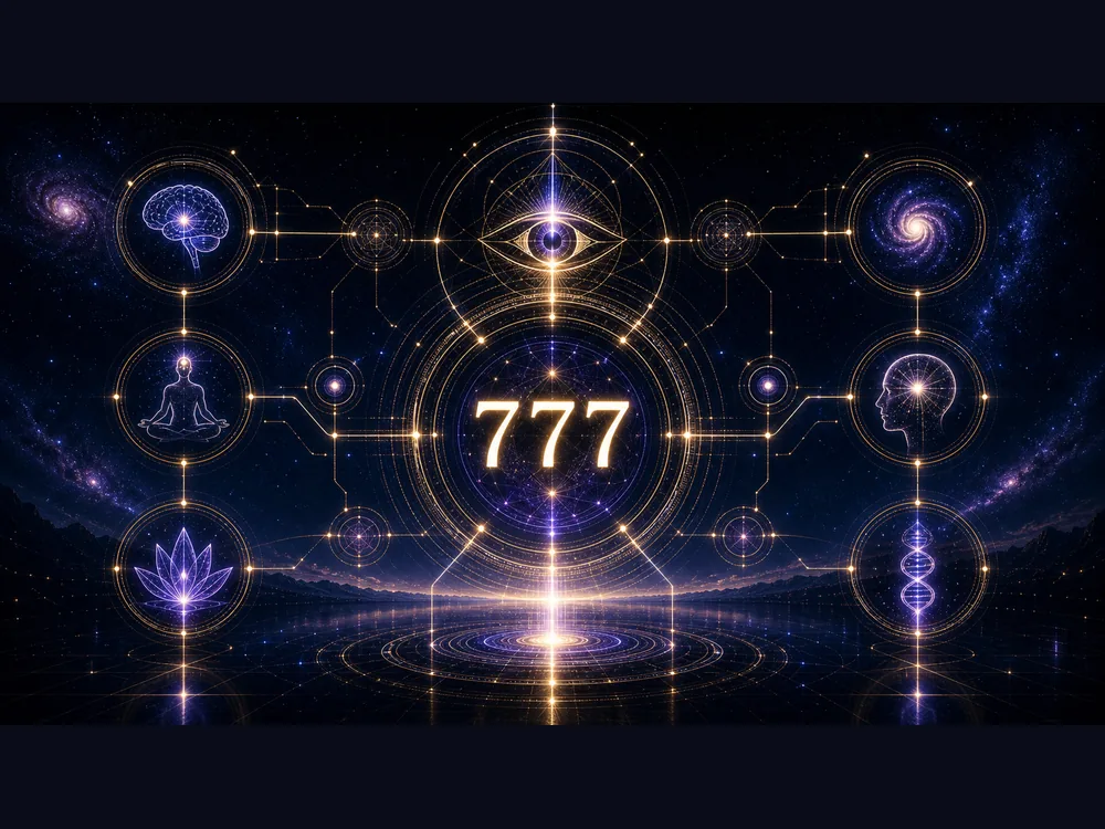 Central glowing 777 with geometric circular patterns and cosmic backdrop, symbolizing spiritual awakening and balance.