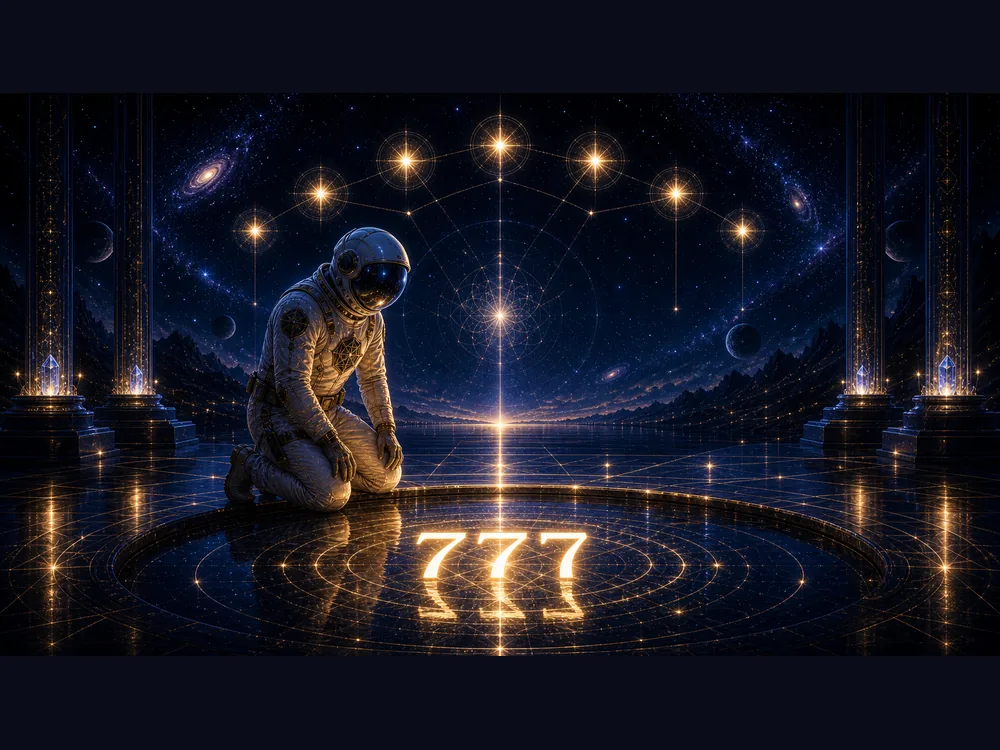 777 meaning closing image with COA astronaut host walking through a quiet cosmic temple of inner wisdom and glowing 777 light