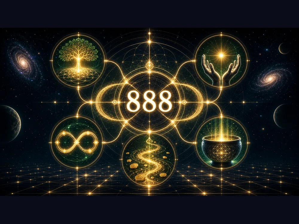 Central 888 with glowing interconnected rings suggesting energy and abundance in a cosmic scene.