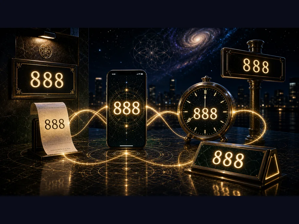 888 appearing on a clock phone screen receipt street sign and notebook as abundance synchronicity signs