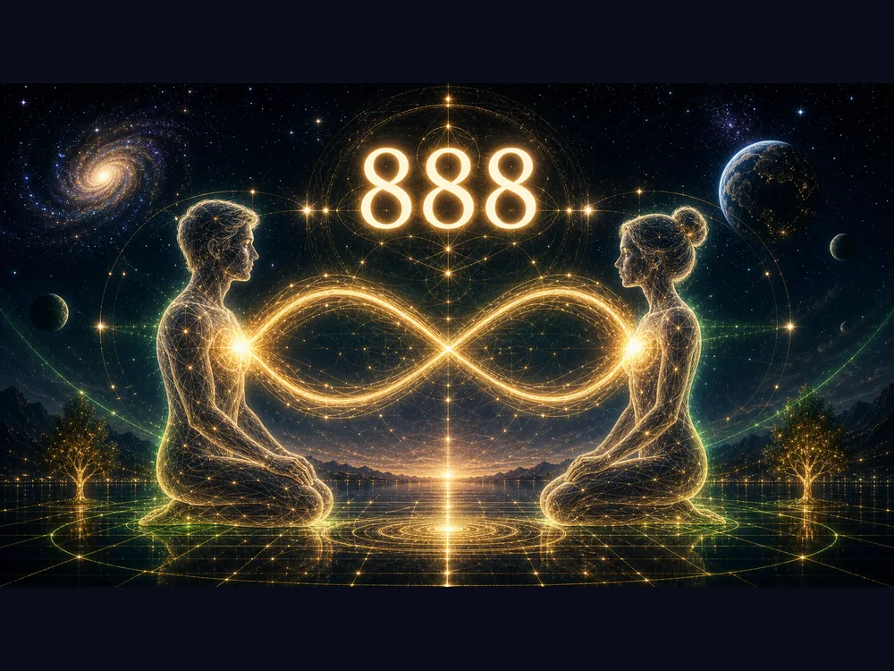 Two translucent human figures kneel facing each other, connected by a glowing golden infinity symbol against a starry cosmic backdrop with 888 above them.