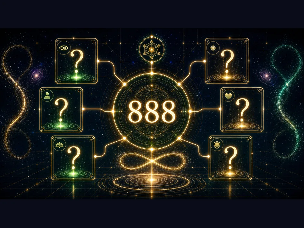 888 meaning FAQ image with common questions about spiritual meaning love manifestation money career and angel numbers