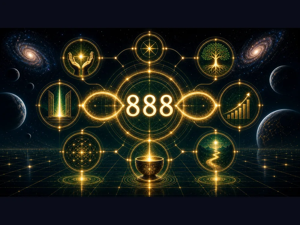 Central glowing '888' at the heart of a space-themed energy diagram with interconnected golden rings and icons symbolizing growth, abundance, and balance.