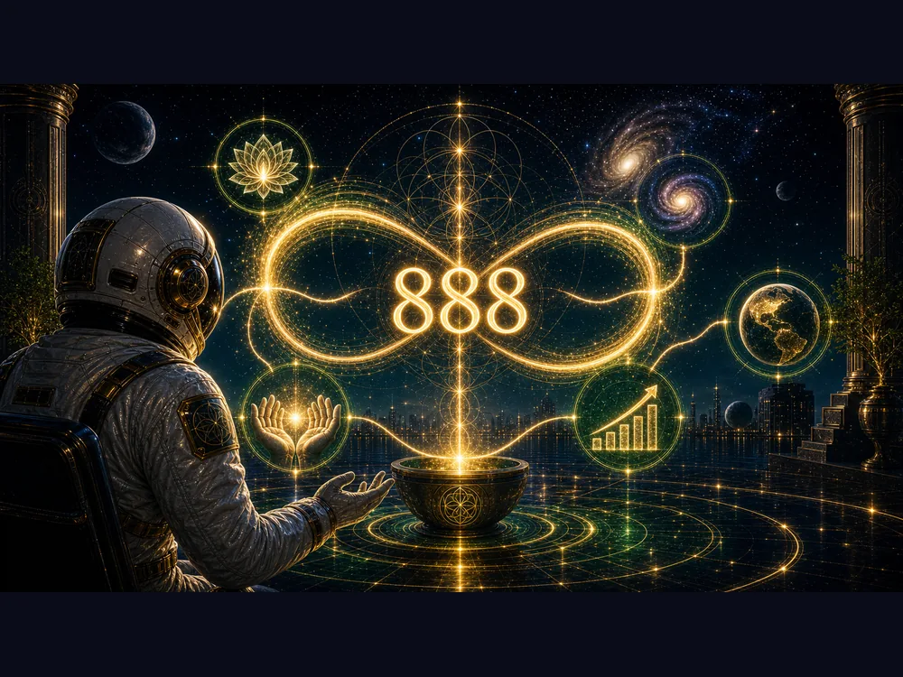 888 meaning closing image with COA astronaut host surrounded by flowing infinity light and grounded abundance energy