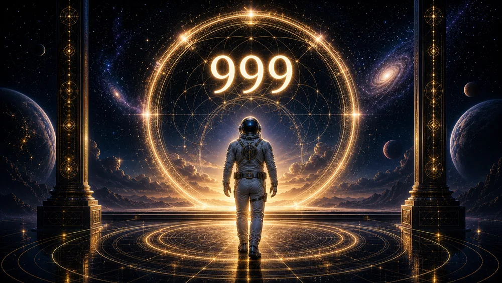 999 meaning hero image with COA astronaut host at the edge of a luminous completion portal and glowing 999 symbol
