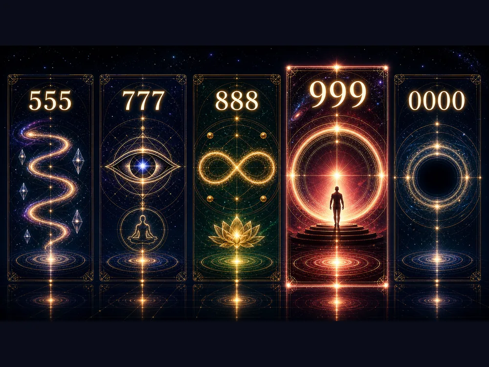 999 meaning comparison showing completion and release beside 555 change 777 intuition 888 abundance and 0000 reset