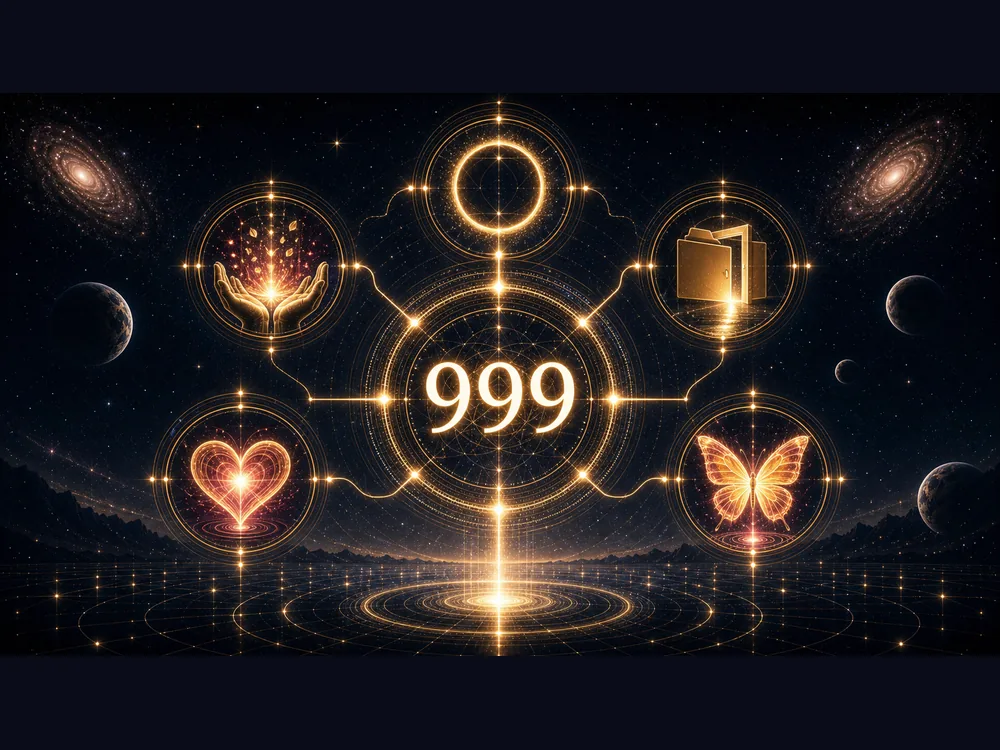 999 meaning infographic showing completion release closure transformation and soul graduation