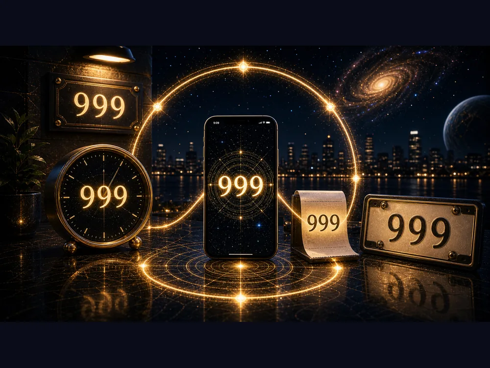 999 appearing on a clock phone screen receipt street sign and notebook as completion synchronicity signs