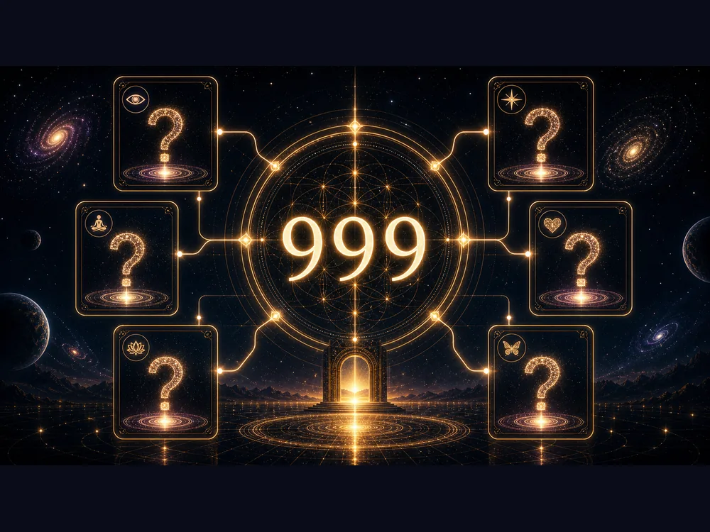 Central glowing '999' with six to seven neon-lit cards showing question marks, connected by bright lines in a sci‑fi cosmic scene.