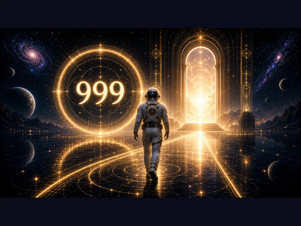 999 meaning closing image with COA astronaut host releasing an old timeline into light while stepping toward wisdom