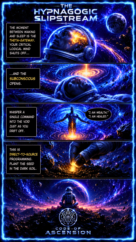 The hypnagogic slipstream infographic explaining how to program your subconscious before sleep. Shows the theta gateway moment between waking and sleep when the critical logical mind shuts off and the subconscious opens. Teaches direct-to-source programming by whispering a single command like I am wealth or I am healed into the void just as you drift off, planting the seed in the dark soil of the subconscious mind. By Code of Ascension.