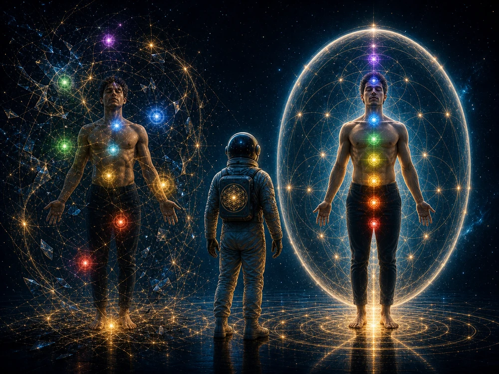 chakra alignment comparison image showing scattered energy versus aligned chakra system