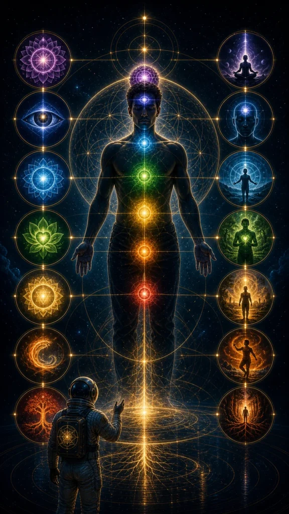 chakra alignment core infographic with seven chakras and astronaut host guide