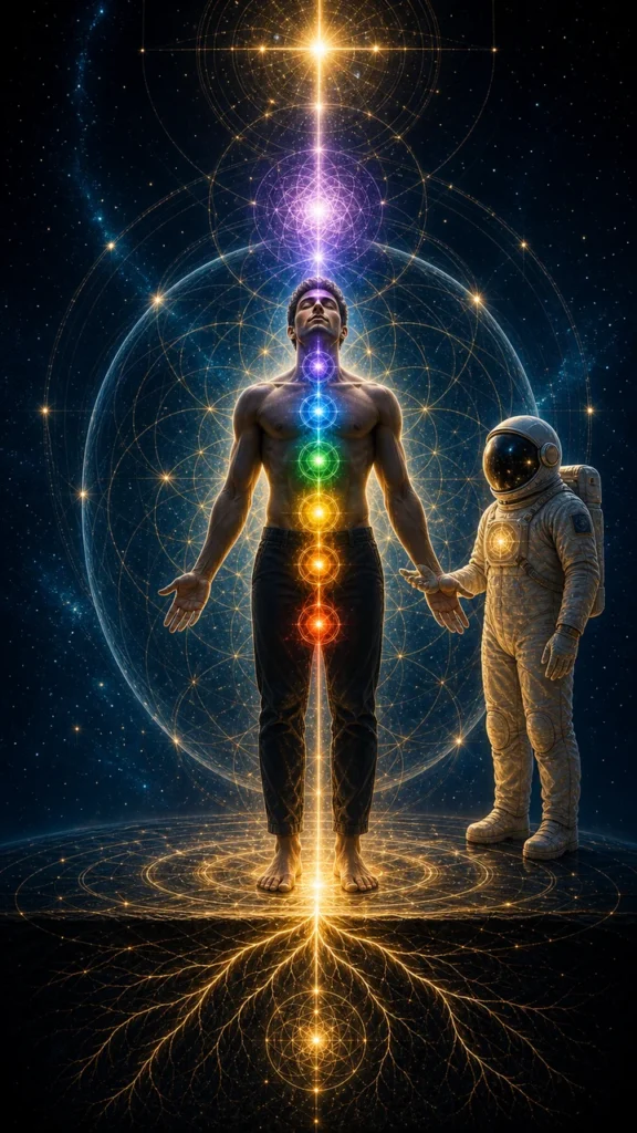 chakra alignment symbolism image with seven chakra column sacred geometry and male figure