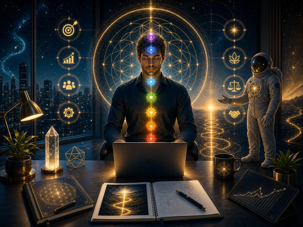 chakra alignment money career image with male professional and chakra energy system