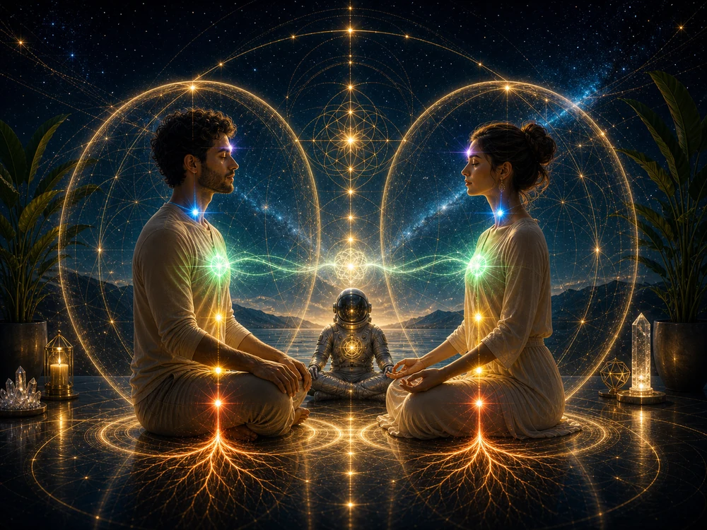 chakra alignment love relationships image with balanced male and female figures and heart energy