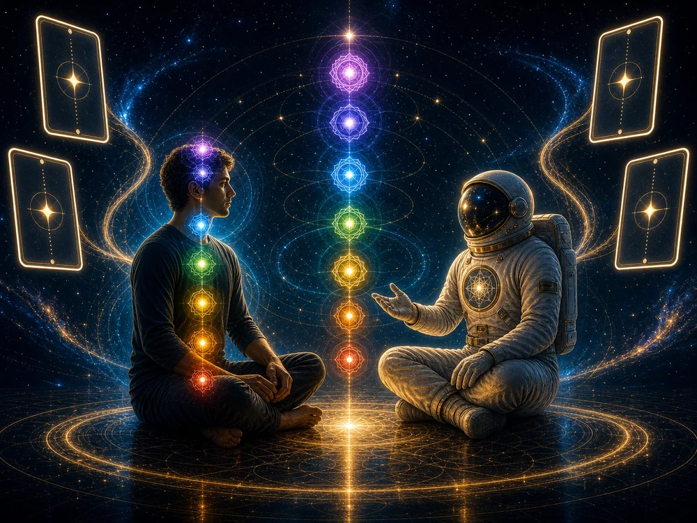 chakra alignment faq image with astronaut host and seven chakra question lights
