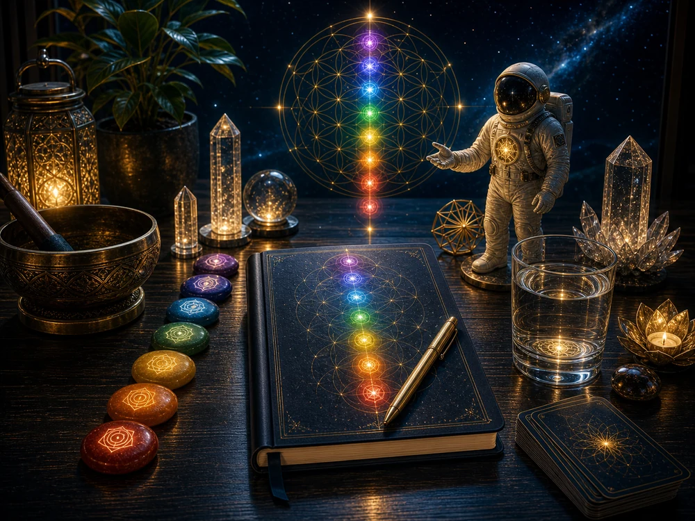 chakra alignment product cta image with calm tools journal and astronaut figurine