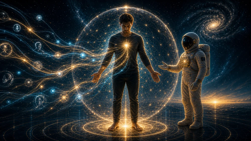 drained energy hero image with male seeker and COA astronaut host restoring light