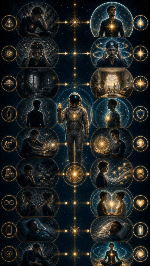 drained energy core concept infographic with warning signs and reset practices