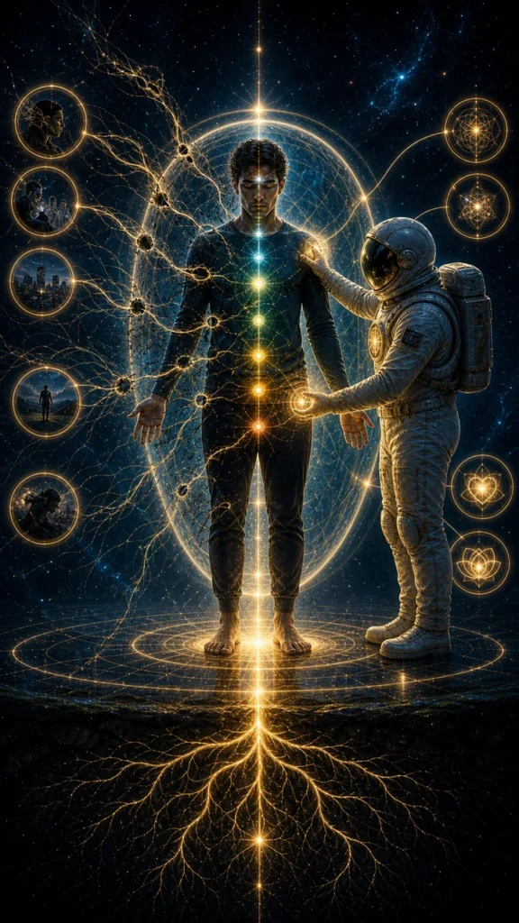 drained energy symbolism image with leaking light field boundary and astronaut host