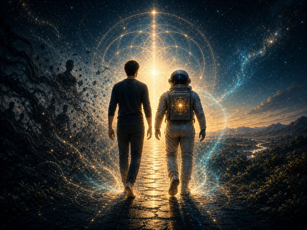 drained energy closing image with male seeker and astronaut host walking into restored light