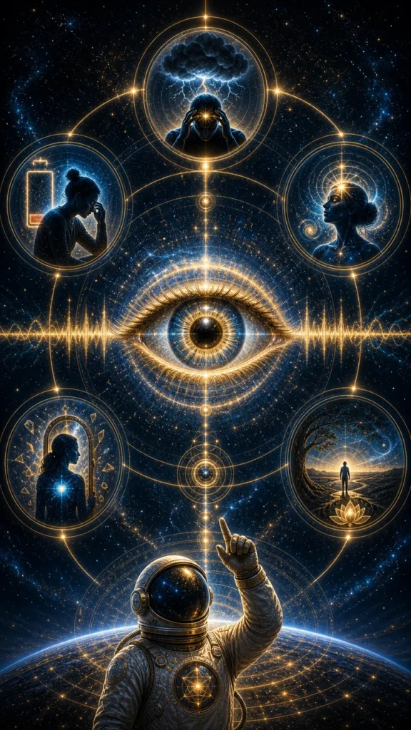 eye twitching spiritual meaning infographic with stress fatigue intuition emotional truth and discernment symbols