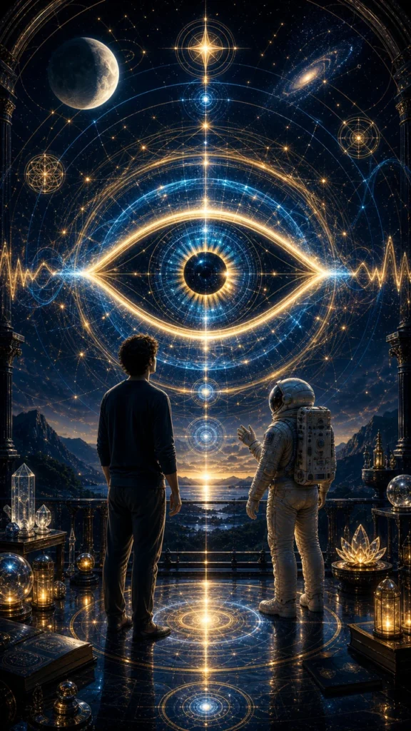 eye twitching spiritual meaning symbolism image with luminous eye portal stars moon and synchronicity geometry